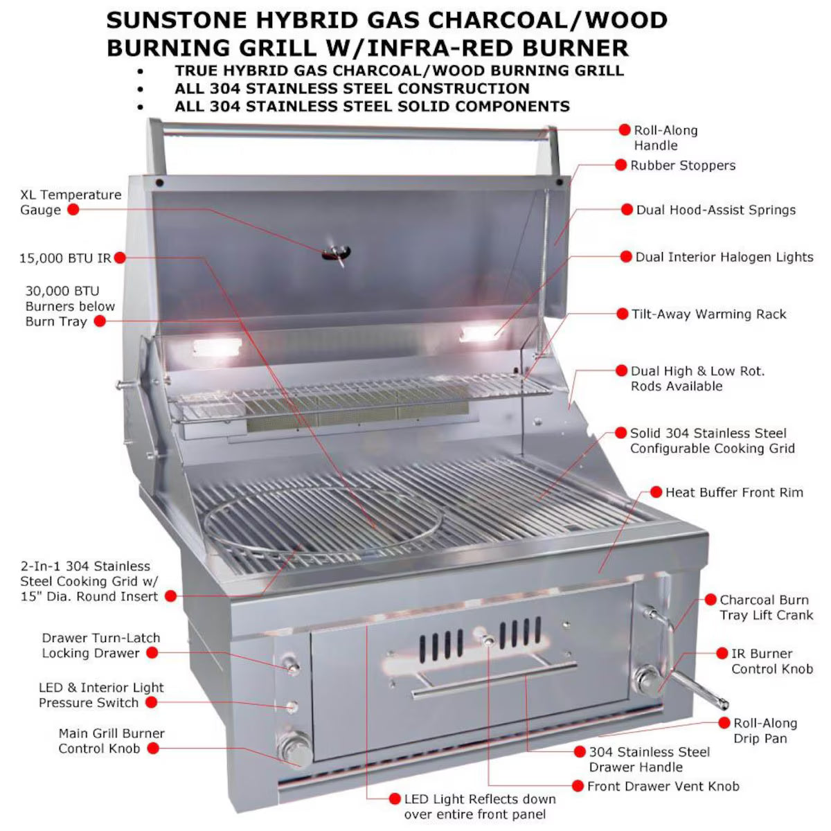 Sunstone 30" Hybrid Gas, Charcoal & Wood Built-In Grill