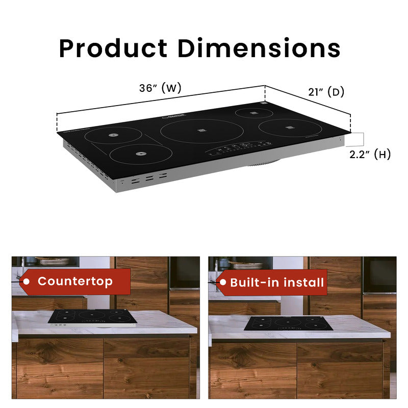 Equator Advanced Appliances 36″ Electric Hybrid Cooktop – 5 Burners, Ceramic & Induction, 220V Standard Touch