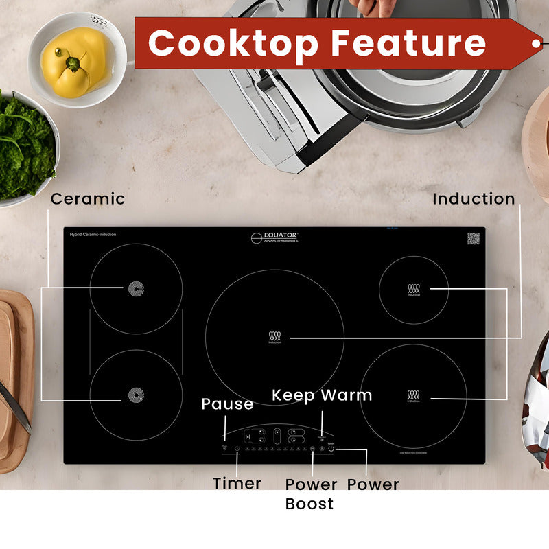 Equator Advanced Appliances 36″ Electric Hybrid Cooktop – 5 Burners, Ceramic & Induction, 220V Standard Touch