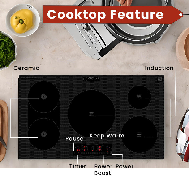 Equator Advanced Appliances 36″ Electric Hybrid Cooktop – 5 Burners, Ceramic & Induction, 220V Slider Touch