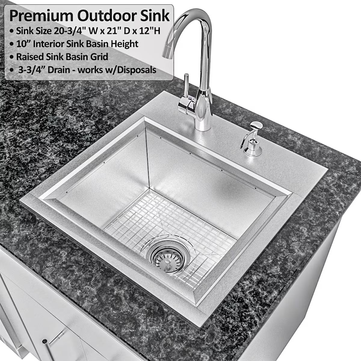 Sunstone Dallas 14′ Stainless Steel Outdoor Kitchen Island Package with Grill, Side Burner, Refrigerator & Sink