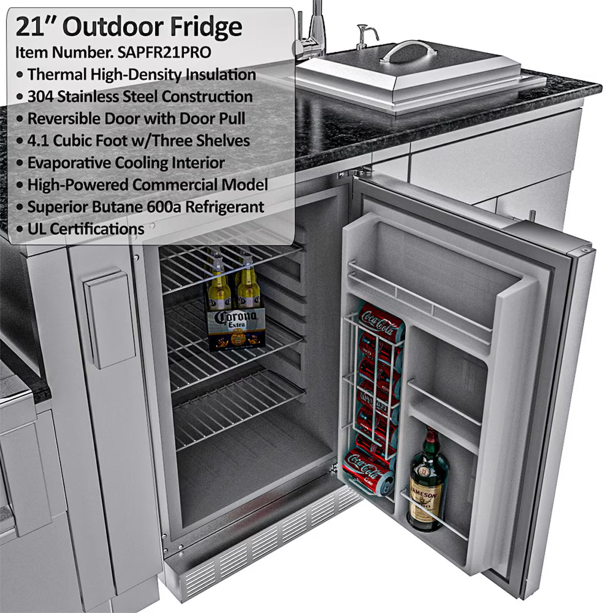 Sunstone Texas Tango 19′ Stainless Steel Outdoor Kitchen Island Package with Grill, Side Burner, Refrigerator & Sink