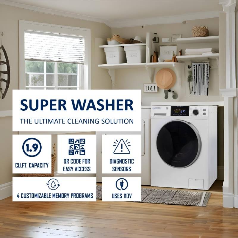 Equator Advanced Appliances Super Washer 1.9 cu. ft. / 18 lb Capacity with Sanitize &amp; Allergen Cycles, Winterize Function, 1400 RPM, White, 110V