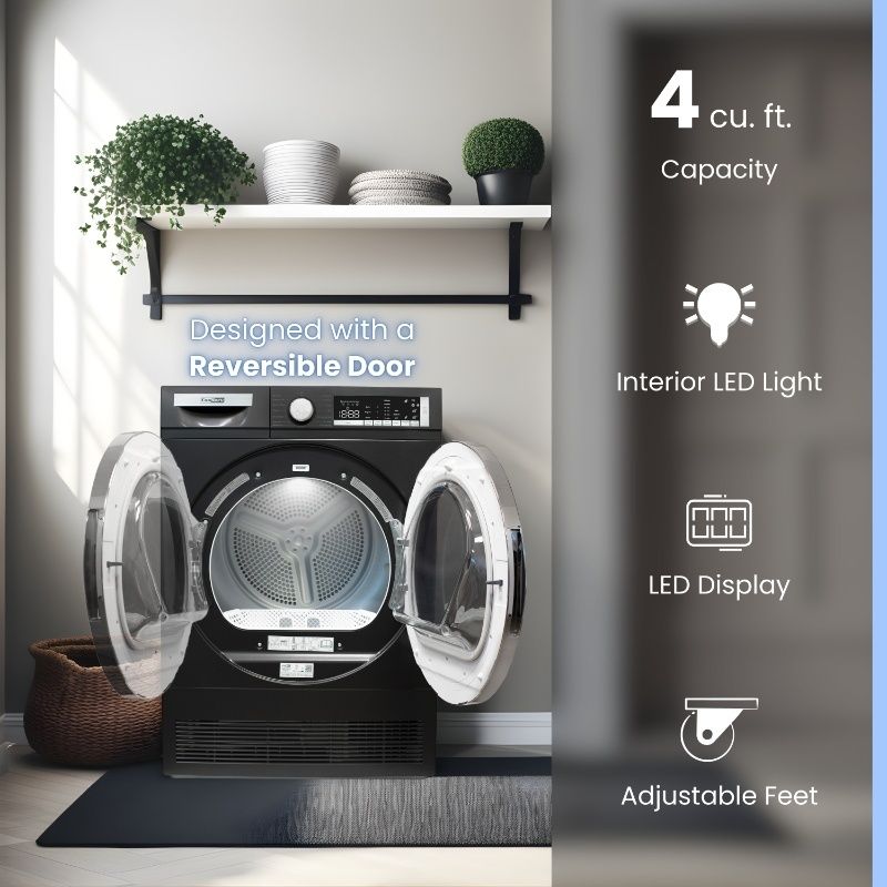 ConServ 4 cu. ft. 220V Ventless Condenser Dryer with Sanitize Cycle, LED Display, Reversible Door, Energy Star® Rated  Black
