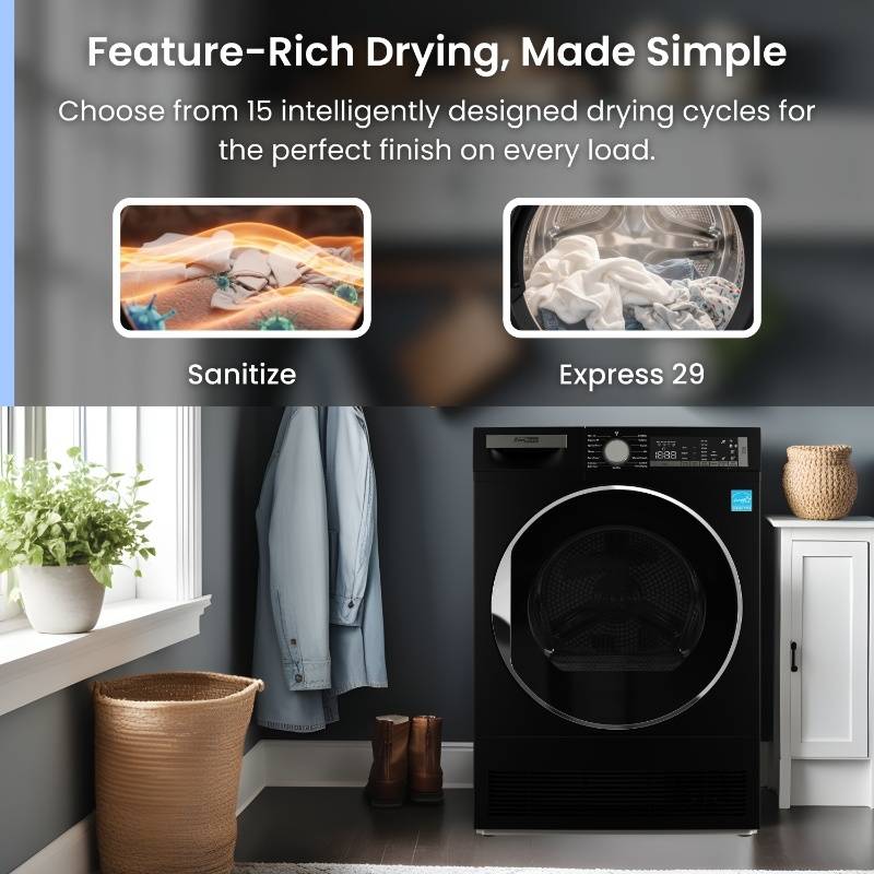 ConServ 4 cu. ft. 220V Ventless Condenser Dryer with Sanitize Cycle, LED Display, Reversible Door, Energy Star® Rated  Black