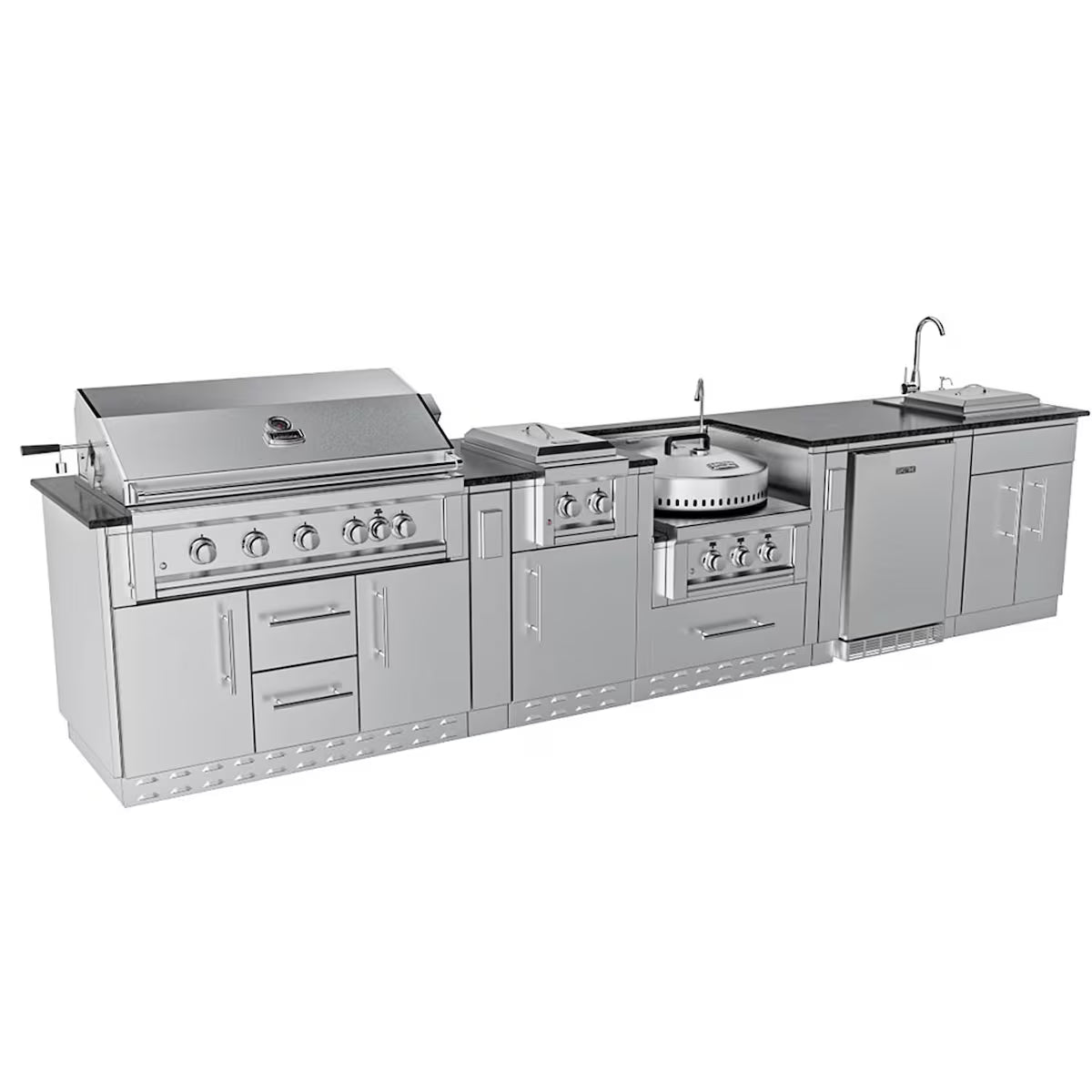 Sunstone Hill Country 13′6″ Stainless Steel Outdoor Kitchen Island Package with Grill, Side Burner, Refrigerator & Sink