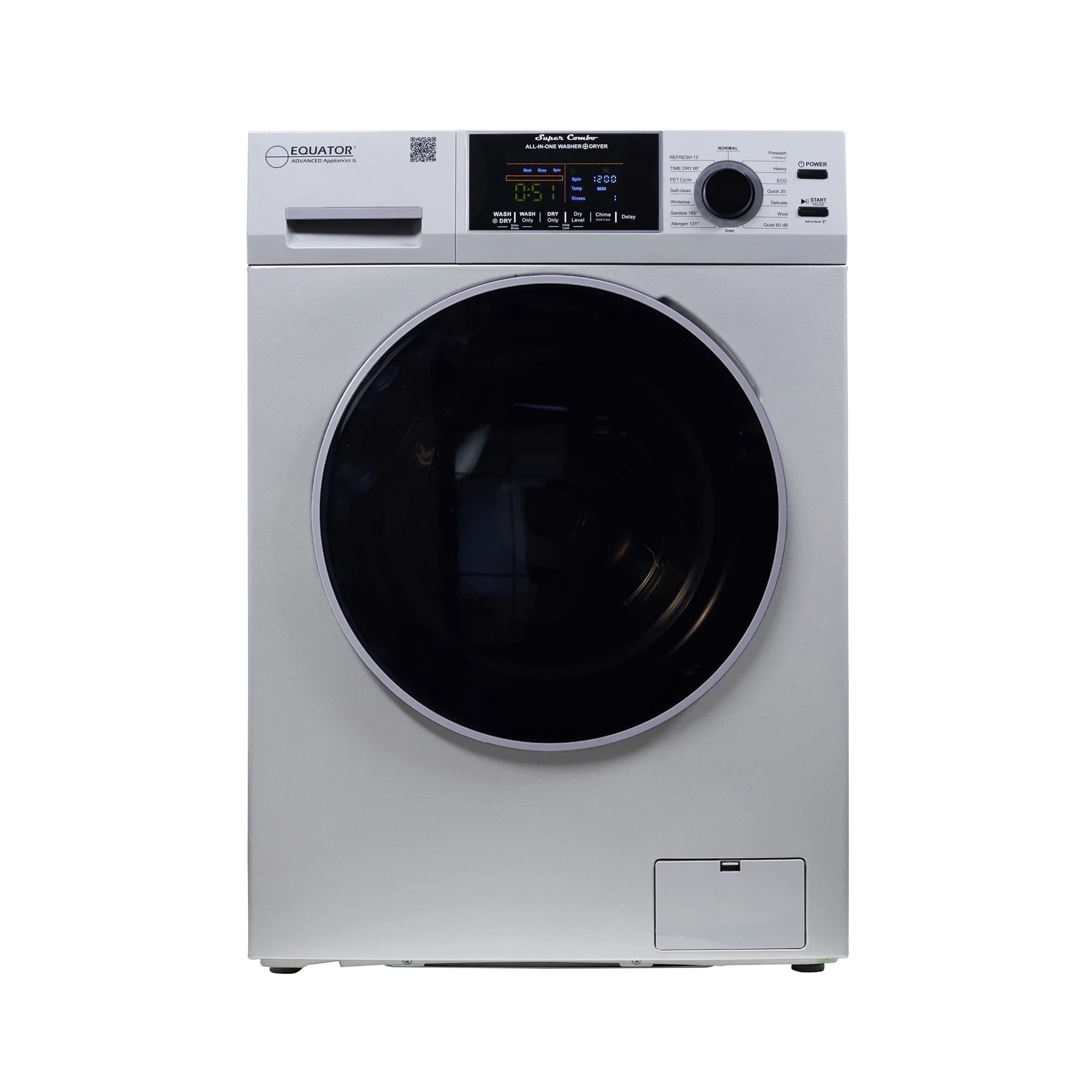 Equator Advanced Appliances All-in-One 4600 Ventless/Vented Washer Dryer with Pet Cycle, 1.62 cu. ft., 15 lb Capacity, 110V -Silver