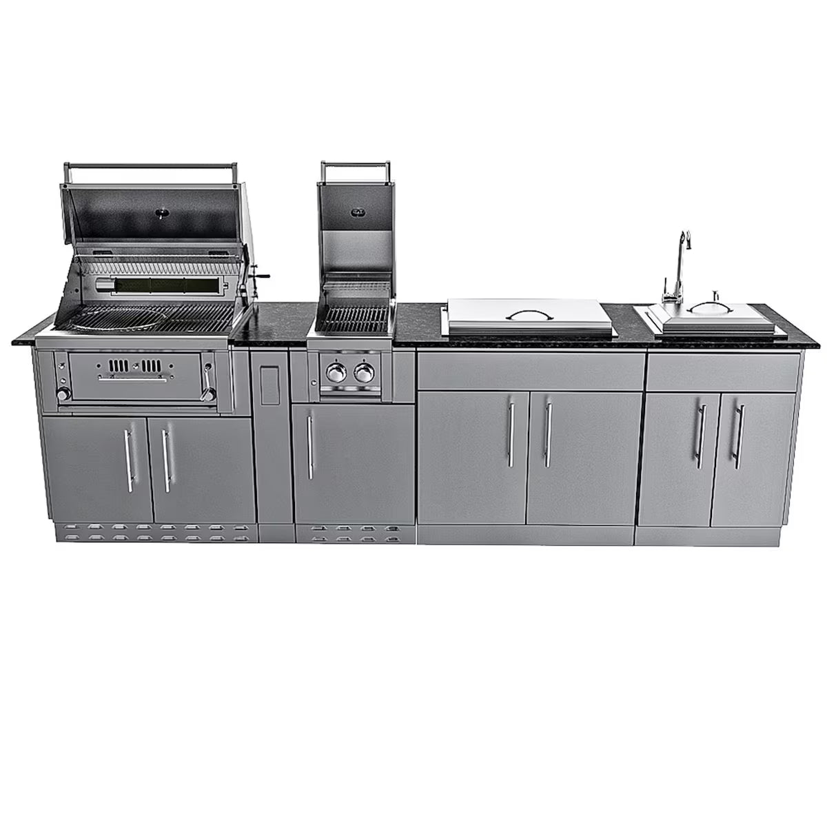 Sunstone Alamo 10′ Stainless Steel Outdoor Kitchen Island Package with Grill, Side Burner, Refrigerator & Sink
