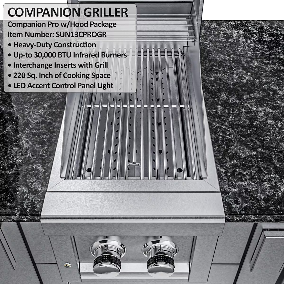 Sunstone Gulf Breeze 10′2″ Stainless Steel Outdoor Kitchen Island Package with Grill, Side Burner, Refrigerator & Sink