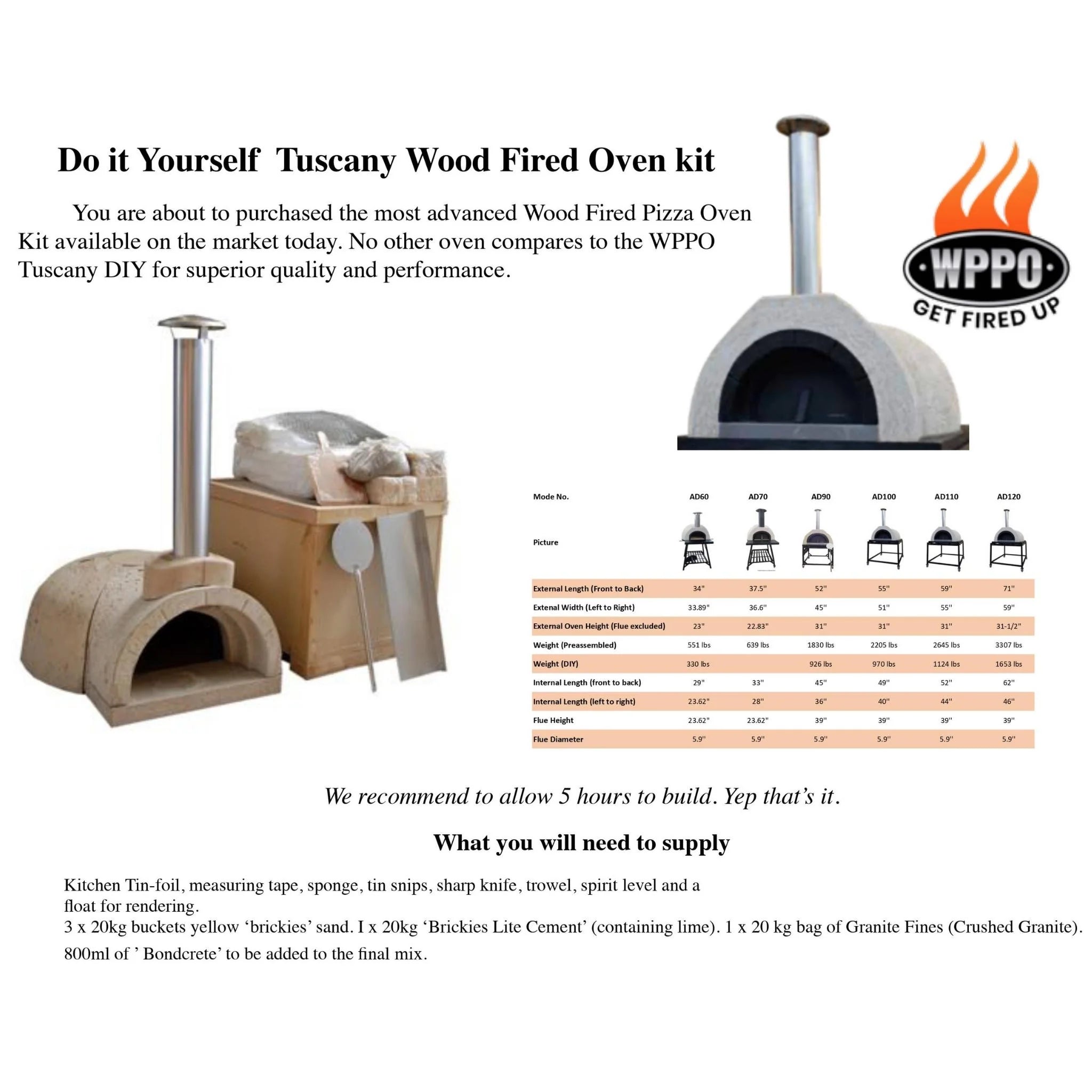 WPPO DIY Tuscany Wood-Fired Outdoor Pizza Oven Kit